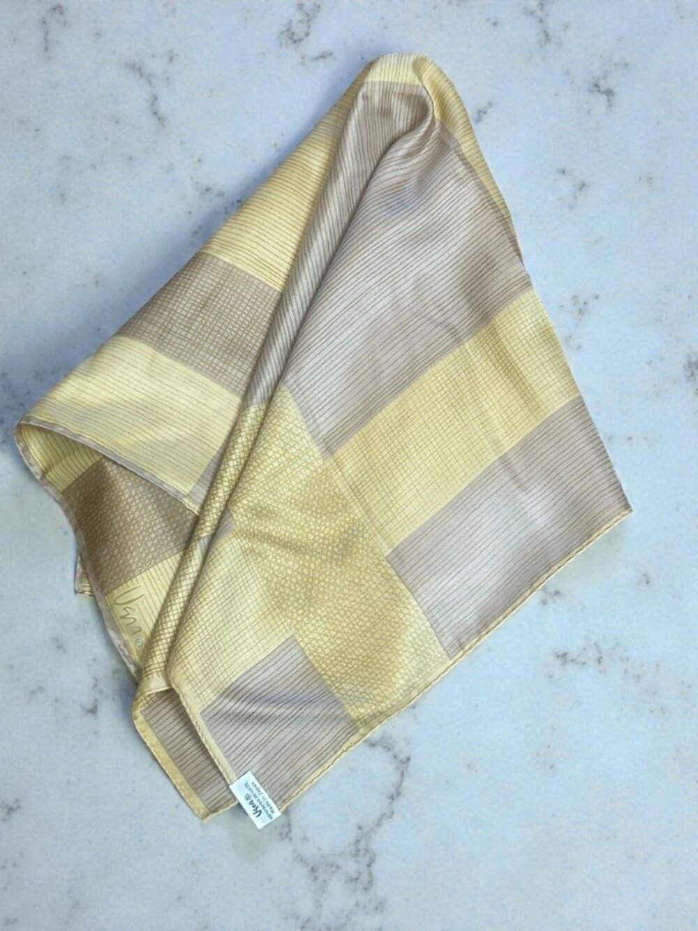 Vera Neumann Vintage Gold Tan Geometric 22" Square Scarf Made in Japan